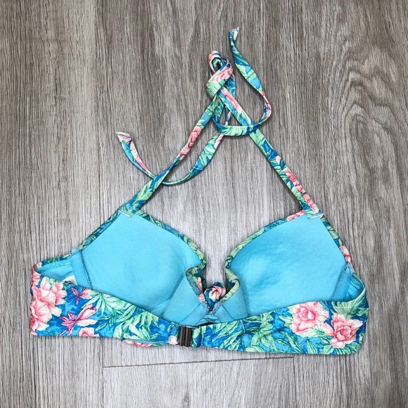 H&M Women's Blue Multi Floral Knot Front Halter Underwire Bikini Swim Top sz 34A - Picture 2 of 2